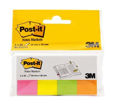 Post-It Märke, blandade neonfärger 4-pack, 20x38mm 