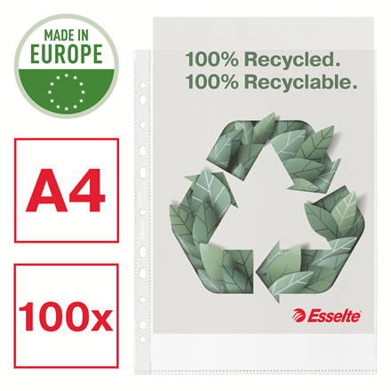 Esselte 100% Recycled ficka med hål, A4 70mic, 100st/ask